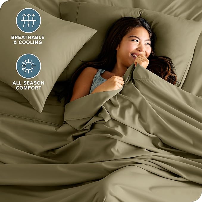 Bare Home Split Head Flex King Sheet Set - 1800 Ultra-Soft Microfiber Bed Sheets - Double Brushed - Deep Pockets - Easy Fit - 4 Piece Set - FlexTop King Bedding Sheets (Split Head Flex King, Olive)