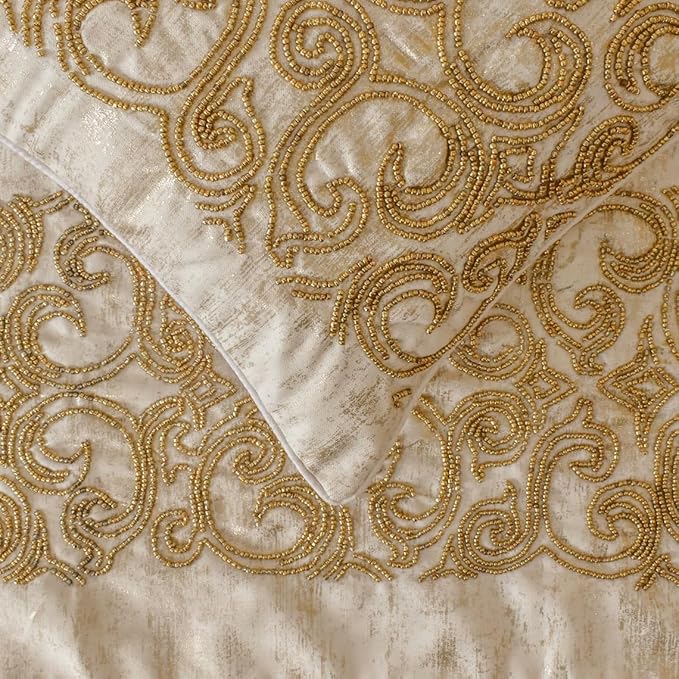 The HomeCentric King/Queen/Twin Gold Designer King 90"x18" Bed Runner with 2 Pillow Cover, Foil & Hand Beaded Embroidery Bed Scarf on Jacquard Fabric - Ornamento Oro