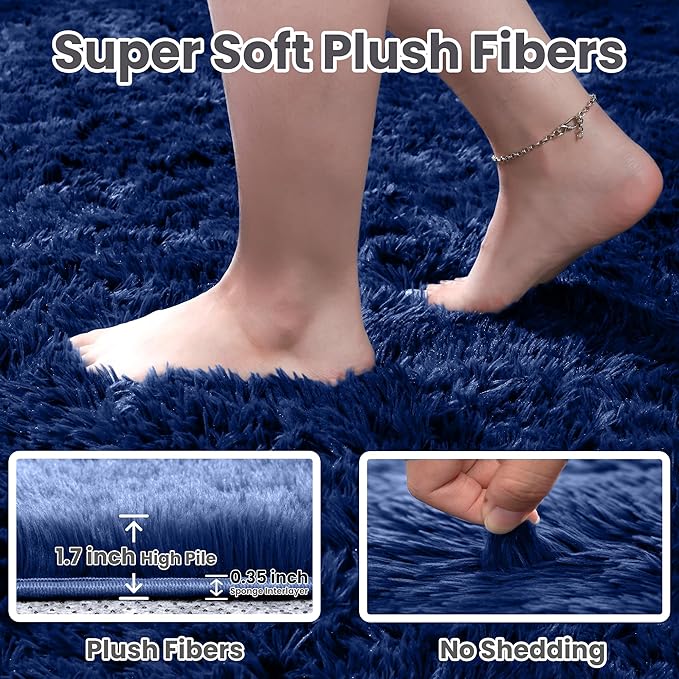 2x6 Bedside Area Rugs for Bedroom: Soft Fluffy Shag Blue Rug for Hallway, Non-Slip Fuzzy Plush Living Room Rug Indoor Floor Carpet for Kids Rooms, Dorm, Nursery, Modern Home Aesthetic Decor