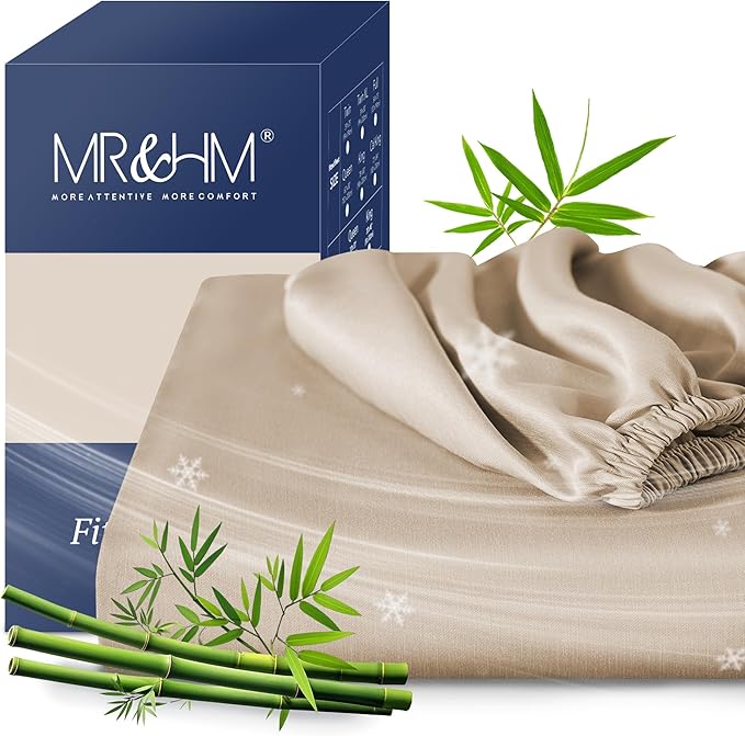 MR&HM Queen Fitted Sheet Only, Ultra-Soft Rayon Derived from Bamboo & Polyester Blend, Silky & Breathable, 15" Deep Pocket with Elastic Straps, Cooling Fitted Sheet for Hot Sleepers, Beige