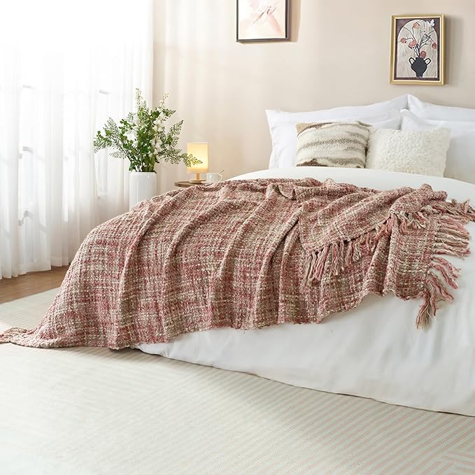 Multi-Color Light Pink Cable Knitted Throw Blanket for Couch,60"X80" Boho Style Textured Blankets for Home Decor,Super Soft Warm Cozy Chunky Knit Blanket with Decorative Tassels for Bed