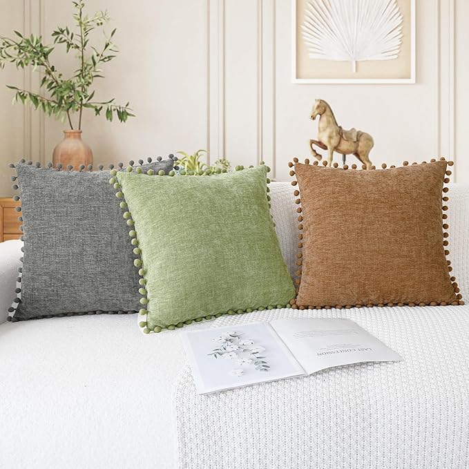 CaliTime Throw Pillow Covers Decorative 20 X 20 Inches Pack of 2 Cozy Solid Dyed Soft Chenille Cushion Cases with Pom Poms for Couch Sofa Bed Living Room Home Sage