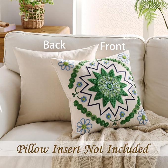 Embroidered Throw Pillow Cover 18x18 Christmas Boho Floral Pattern Pillows Cover Outdoor Decorative Pillowcase,Durable Cozy Textured Cushion Case for Sofa Couch Bed Living Room,Green