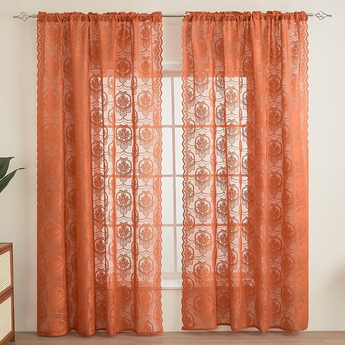 Burnt Orange Lace French Delicacy Curtains 96 Inches Long -Rod Pocket Luxury Vintage Bow Butterfly Sheer Flower Lace Curtains for Living Room Bedroom，52 x 96 Inch, 2 Panels
