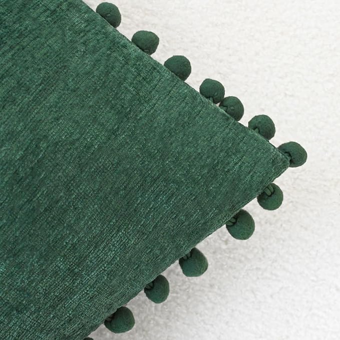 CaliTime Christmas Throw Pillow Covers Decorative 20 X 12 Inches Pack of 2 Cozy Solid Dyed Soft Chenille Cushion Cases with Pom Poms for Couch Sofa Bed Living Room Home Dark Green
