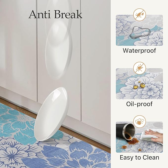 GENIMO Kitchen Mats for Floor, Kitchen Rugs Non Slip Washable Sets of 2, Waterproof Cushioned Anti Fatigue Mat, Floral Runner Rug for Laundry, Sink, Office, Home, 17.3"x47"+17.3"x30", Sky Blue