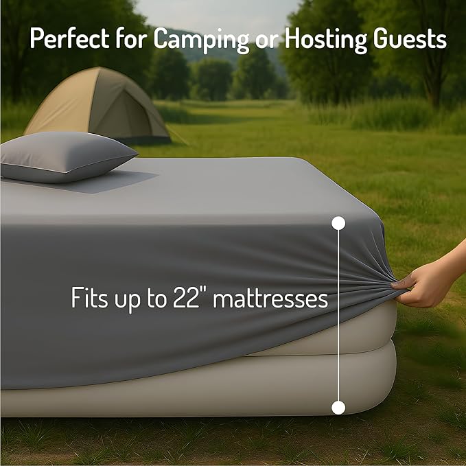 Degrees of Comfort Full Size Sheet Set for Air Mattress – Extra Deep Pocket up to 22”, 4-Piece Bedding Sets with Dual Side Storage Pockets, Breathable & Soft, Wrinkle-Free, Grey