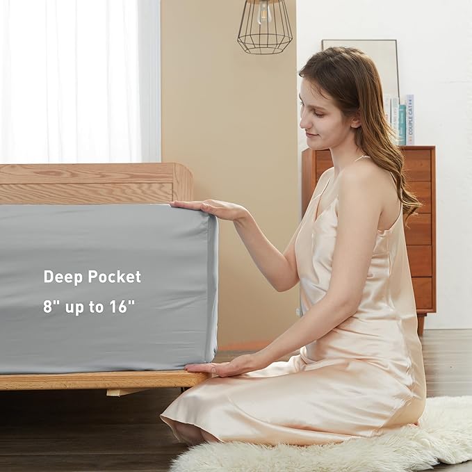 Sunflower Queen Fitted Sheet, 1-Piece Deep Pocket Fitted Bottom Sheet 16", 100% Cotton Sateen Soft Breathable, Silver Gray