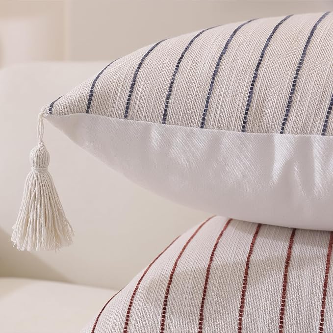 Decorative Boho Throw Pillow Covers 18x18 Inch Set of 2, Textured Linen Striped Pillow Covers with Tassels, Soft & Cozy Farmhouse Decorative Pillow Cases for Sofa Couch Bed Living Room
