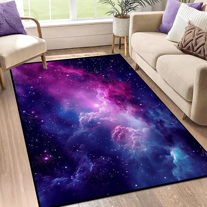 Purple Galaxy Rug Space Rugs Colorful Throw Rug Non-Slip Sun and Cloud Carpet Doormats for Living Room Bedroom Apartment Dorm Floor Mat 71 in x 47 in