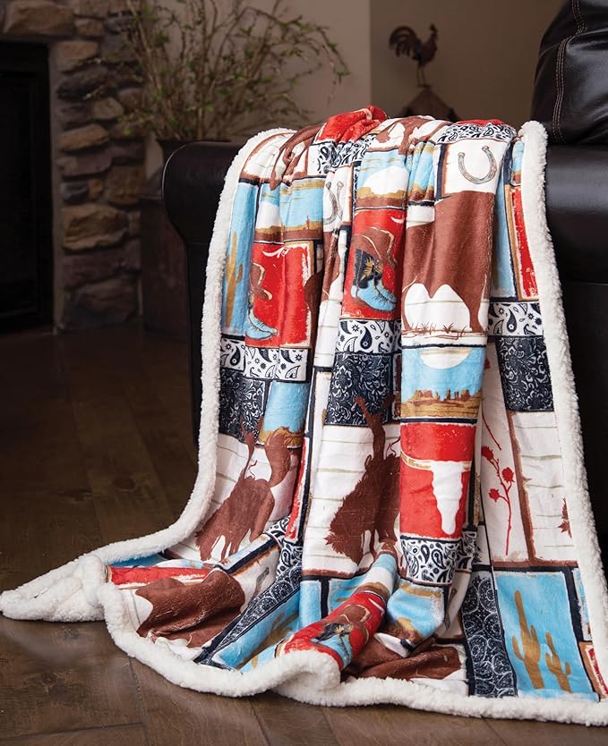 CARSTENS, INC. Wrangler Ultra Premium Super Soft Plush Sherpa Fleece Oversized Throw Blanket 54" x 68", Vintage Western