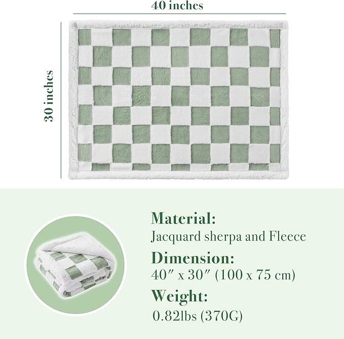Checkered Dog Blanket, Sage Green Jacquard Sherpa Blankets for Small Dog and Cats, Cute Aesthetic Style Fluffy Fleece Pets Blanket for Couch Protection Washable, 30"x40"