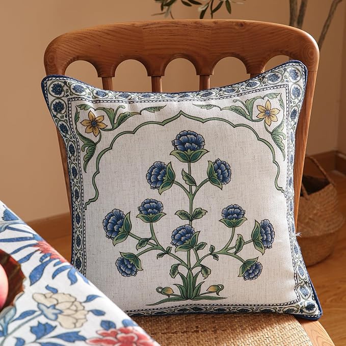 patdrea Designer Throw Pillow Covers,Blue Euro Elegant Linen with Blooming Floral Pattern Pillow Cover,Decorative Square Pillowcases Cushion for Bed Living Room Outdoor Car,18"x18"