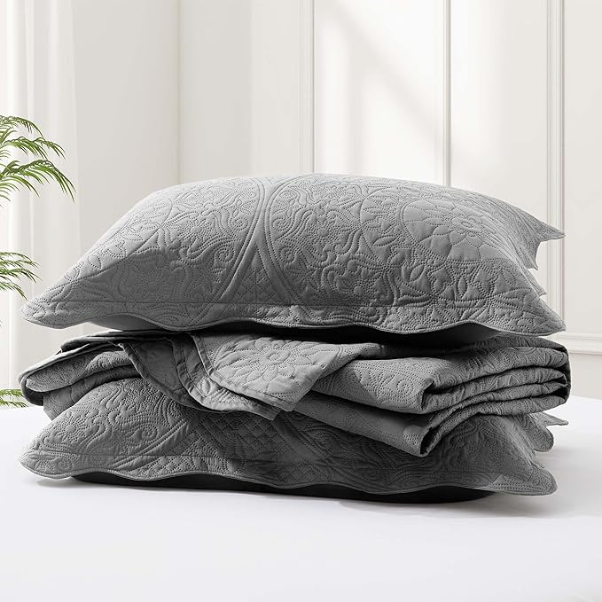 IR Imperial Rooms 8 Pack Quilt King Size Bedding (106" x 96") - Bulk Wholesale for Hotels, Guest Bedroom & Airbnbs - Lightweight Microfiber Reversible Floral Embossed Quilts Bedspreads (Grey)