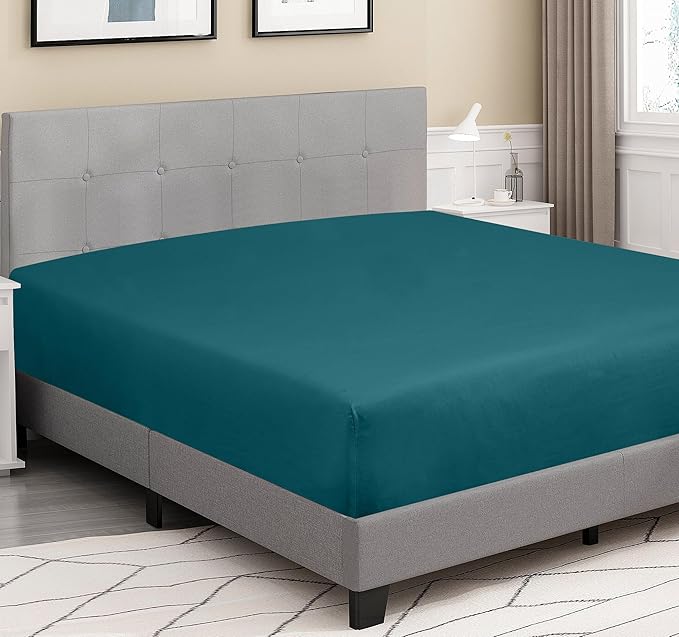 ROYALE LINENS 300 Thread Count 100% Long Staple Combed Cotton Fitted Sheet Twin - Super Soft Deep Pocket Bottom Sheet - Fitted Sheets Only - Elastic Sheets (Twin, Teal)