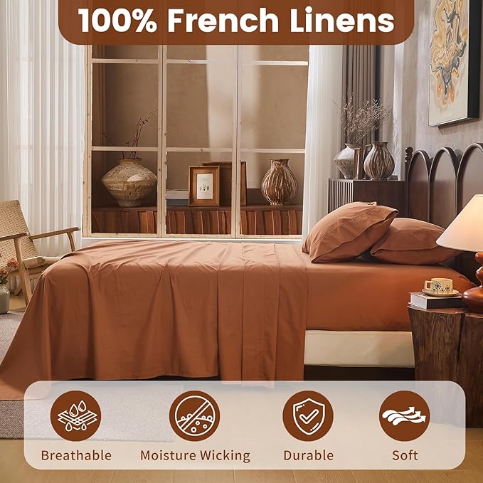 100% Linen Sheets California King Size,Breathable & Durable 4-Piece Bed Flax Sheet Set,Soft All-Season Bedding for Hot Sleepers 16" Deep Pocket Oeko-TEX Certified,（Cal King, Brown）