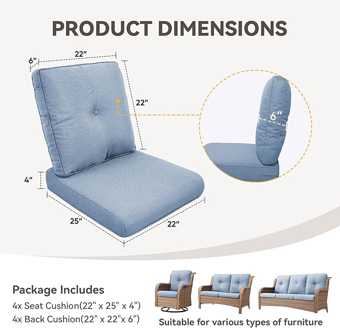 Patio Cushions for Outdoor Furniture - 22" x 25" x 4" UV Resistant Thick Foam Cushions Water Resistant Replacement Cushion for Outdoor Patio Furniture Chair/Sofa/Couch | Baby Blue | 4-Pack |