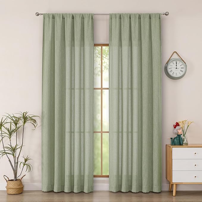 Simplebrand Sage Green Semi Sheer Faux Linen Textured Curtains 84 Inches Long 2 Panels, Light Filtering Farmhouse Bedroom Curtains, Farmhouse Rod Pocket Soft Thick Window Drapes for Bedroom, 50Wx84L