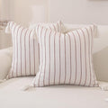 Decorative Boho Throw Pillow Covers 18x18 Inch Set of 2, Textured Linen Striped Pillow Covers with Tassels, Soft & Cozy Farmhouse Decorative Pillow Cases for Sofa Couch Bed Living Room
