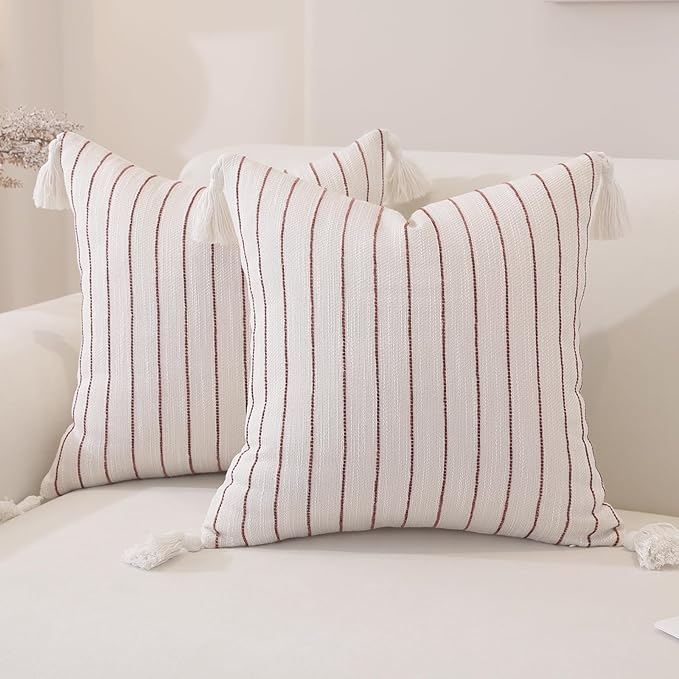 Decorative Boho Throw Pillow Covers 18x18 Inch Set of 2, Textured Linen Striped Pillow Covers with Tassels, Soft & Cozy Farmhouse Decorative Pillow Cases for Sofa Couch Bed Living Room
