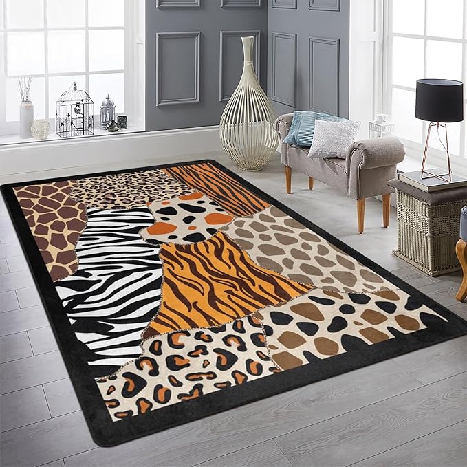 9CH Abstract Leopard Area Rug 7' X 5' Black Brown Animal Skin Print Floor Carpet Non-Slip Soft Modern Rugs for Girls Bedroom Office Dining Room Living Room