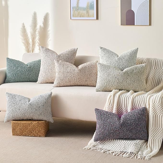 Decorative Couch Throw Pillow Covers 24x24 Blue Striped Soft Wool Pillow Covers Neutral Textured Boho Cushion Covers for Modern Farmhouse Sofa Bedroom Living Room Decor SY011-C24