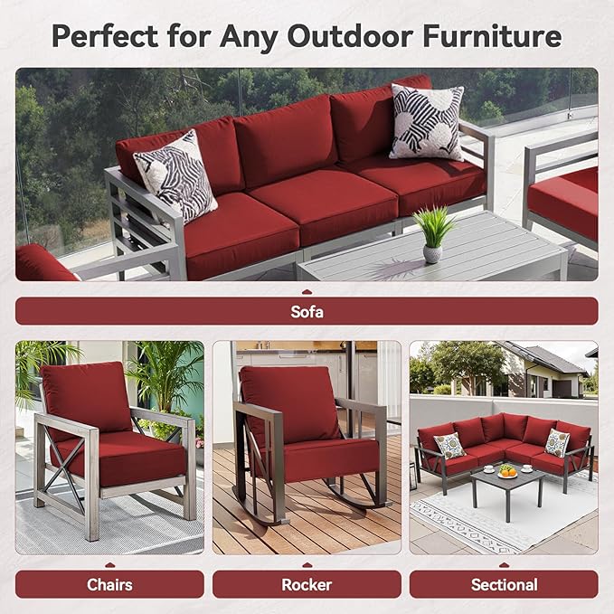 Luxury 6" Outdoor Cushions for Patio Furniture, 24x24x6" Thick Seat Cushion Set of 3, Fade Resistant Couch Chair Replacement Cushions High Density Deep Wicker Chair Cushion w/ Removable Cover, Red