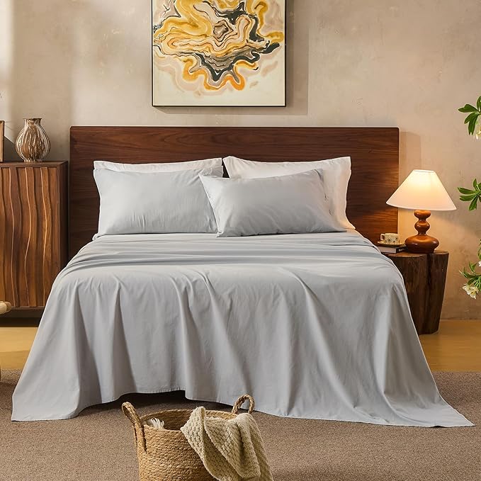 100% Linen Sheets California King Size,Breathable & Durable 4-Piece Bed Flax Sheet Set,Soft All-Season Bedding for Hot Sleepers 16" Deep Pocket Oeko-TEX Certified,（Cal King, Grey）