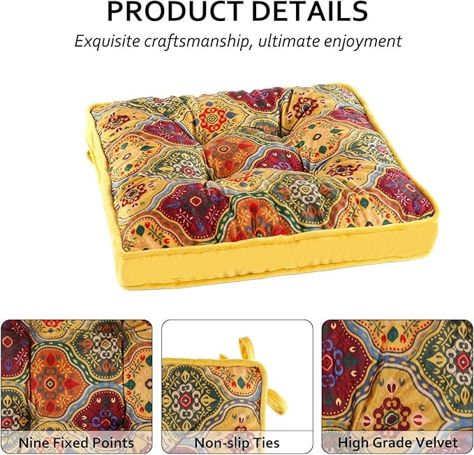 Bohemian Square Seat Cushions for Kitchen Dining Living Tea Room,16.5" x 16.5" Printing Chair Pads with Non-Slip Ties, 4Packs, Yellow