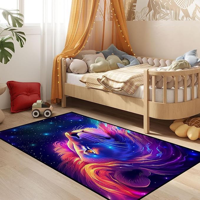 Galaxy Lion Rug 3D Fierce Lions Area Rugs for Kids Bedroom Living Room Playroom Gameroom Boys Glitter Carpet Throw Rugs Floor Mat 59 in x 39 in