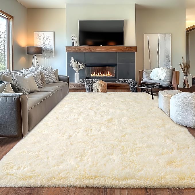 Extra Large Fuzzy Rug Fluffy Rug for Living Room, Big Plush Non-Slip Shag Carpet, Soft Shaggy Rugs for Bedroom Indoor Modern Home Decor Light Champagne 9x12ft
