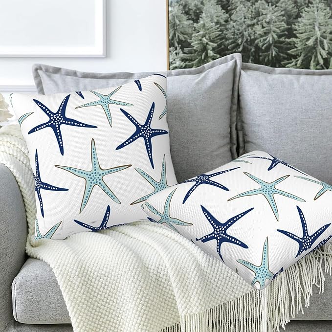 Throw Pillow Covers Nautical Starfish Pillow Covers 20x20 Inch Set of 2 Navy Blue and Turquoise Sea Stars Throw Pillows Decorative Pillow Cases Cushion Covers for Bedroom Livingroom