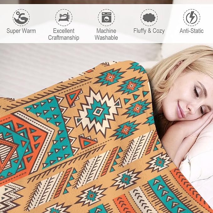 Aztec Throw Blanket, Tribal Navajo Print Native Blanket for Camping Outdoor Couch Sofa Bed 50"x60"