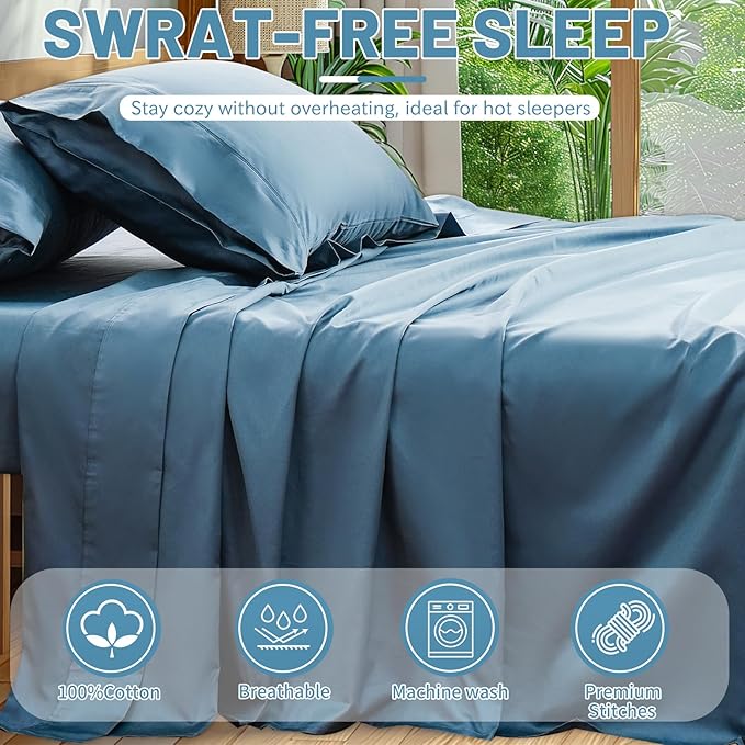 Extra Deep Pocket Queen Sheets 18-24 Inch 100% Egyptian Cotton 1000 Thread Count Sateen Weave Soft Breathable 4 Pieces（Queen,Dusty Blue）