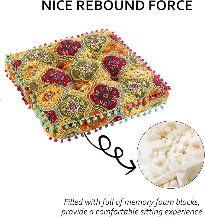 Bohemian Seat Cushion，Indoor & Outdoor 16.5" x 16.5" Seating Cushion for Dinning Chairs, Decorative with Tassels(4Pcs, Yellow)
