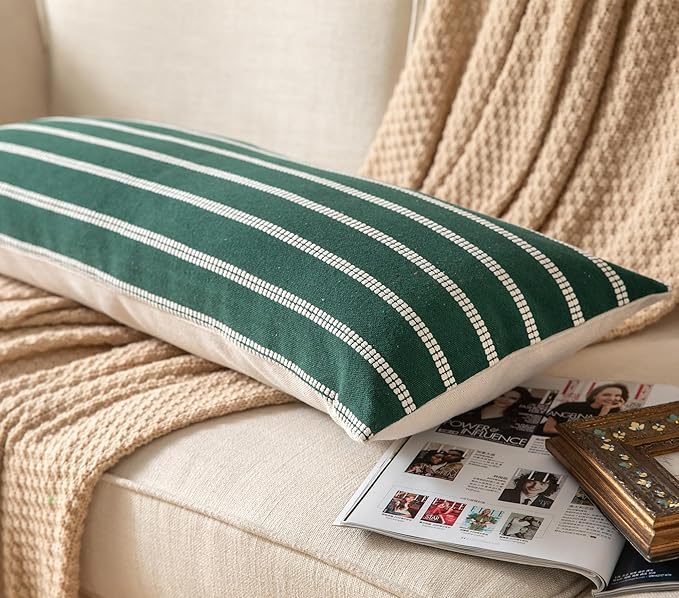 Boho Lumbar Throw Pillow Cover 14X36 Long Soft Farmhouse Decorative Couch Pillow Cases Dark Green Striped Body Pillow Covers Neutral Cushion Covers for Sofa Bed Living Room Home Decor Pack of 1