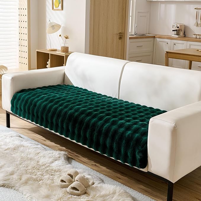 Christmas Faux Fur Couch Cover Fuzzy Soft Plush Thick Bubble Sofa Cover Luxury Sectional Couch Covers Luxury Anti-Slip Sofa Slipcover Washable Furniture Protector (Dark Green,36"x47")