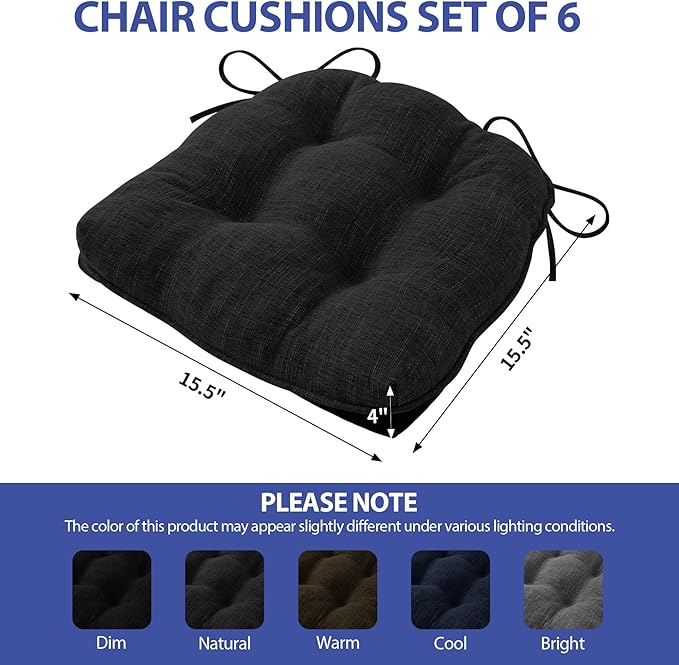 Chair Cushions for Dining Chairs Set of 6, Kitchen Chair Cushions, Chair Pads with Ties and Non Slip Backing, Tufted Memory Foam Seat Cushion 6 Pack, 15.5" x 15.5" x 4", Black