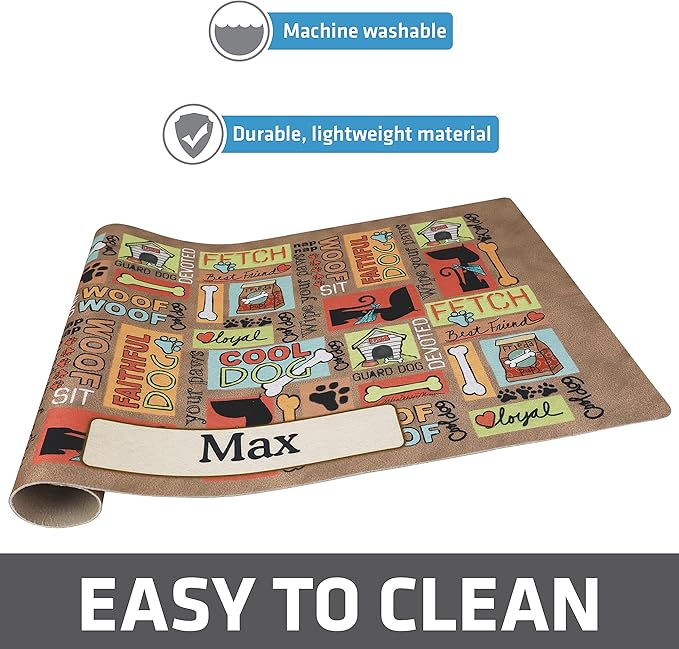 Drymate Personalized Pet Bowl Placemat, Custom Dog & Cat Food Feeding Mat - Absorbent Fabric, Waterproof Backing - Machine Washable/Durable (USA Made) (16" x 28") (Cool Dog - Brown)