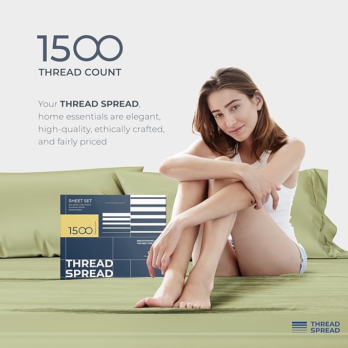 THREAD SPREAD 100% Egyptian Cotton King Size Sheets Set - Luxury 1500 Thread Count Egyptian Cotton Sheets King Size, 17" Deep Pocket, Soft, Cooling Sateen Weave Hotel Quality Bedding Set - Sage Green