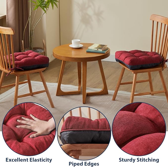 Chair Cushions for Dining Chairs, Seat Cushions for Kitchen Chairs, Indoor Seat Cushions with Ties, Tufted Foam Chair Pads, Non Slip Chair Cushions Set of 6, 15.5" x 15.5" x 4", Red