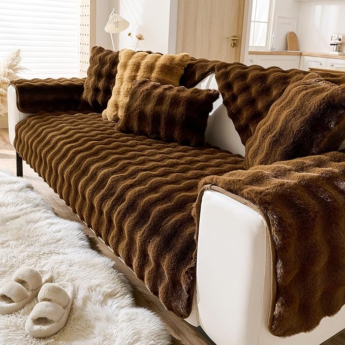 Faux Fur Couch Cover Fuzzy Soft Plush Thick Bubble Sofa Cover Luxury Sectional Couch Covers Luxury Anti-Slip Sofa Slipcover Washable Furniture Protector (Coffee,28"x59")