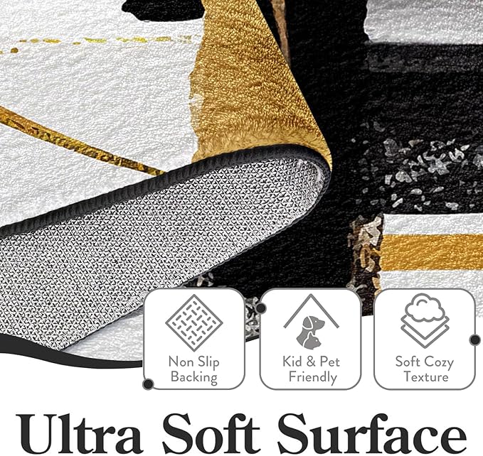 9CH Fashion Modern Area Rug 7' X 5', Abstract Art Painted Black White Gold Foil Modern Artwork Area Rug Non-Slip Carpet for Living Room Bedroom Dining Room