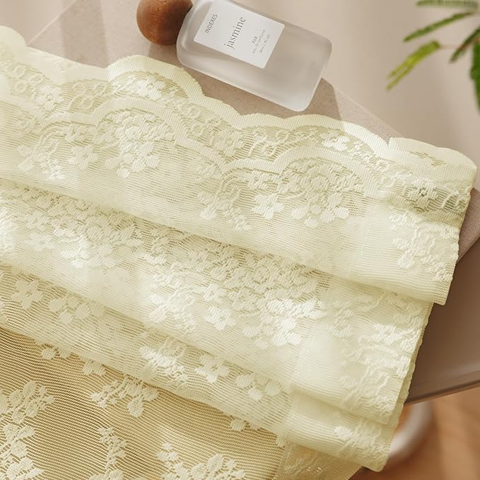 Anmao Vintage Lace Curtains 108 Inches Long 2 Panels Set, Romantic Elegant Light Filtering Semi Sheer Floral Thick Lacy Curtain Drapes for Living Room and Bedroom, Each Panel 55W x 108L, Cream Yellow