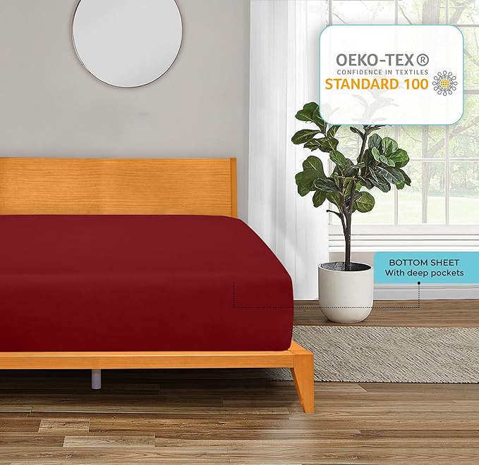ROYALE LINENS 300 Thread Count 100% Long Staple Combed Cotton Fitted Sheet Queen - Super Soft Deep Pocket Bottom Sheet - Fitted Sheets Only - Elastic Sheets (Queen, Red)