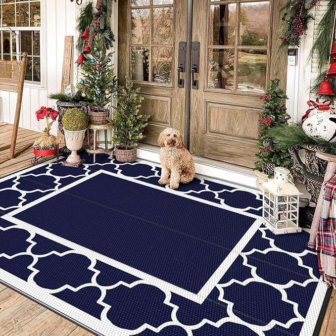 GENIMO 6' x 9' Outdoor Rug Waterproof for Patio Fall Decor, Foldable Reversible Plastic Straw Area Rugs Mat for Camper, Outside Carpet for Rv, Deck, Porch, Picnic, Beach, Balcony, Blue & White