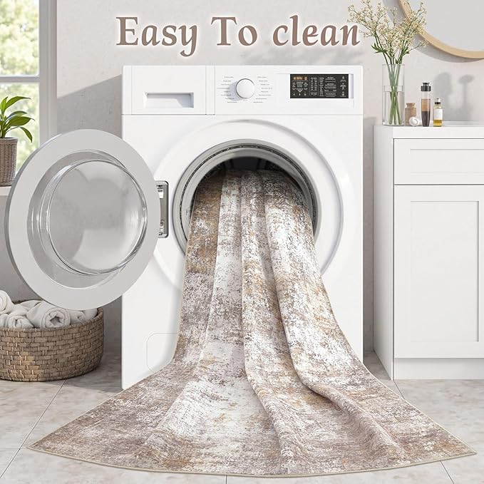 Washable 7x9 Area Rug: Modern Abstract Soft Non-Slip Indoor Rugs Home Decor - Low Pile Stain Resistant Foldable Carpet for Living Room Bedroom Dining Room Playroom(Golden Brown,7'x9')
