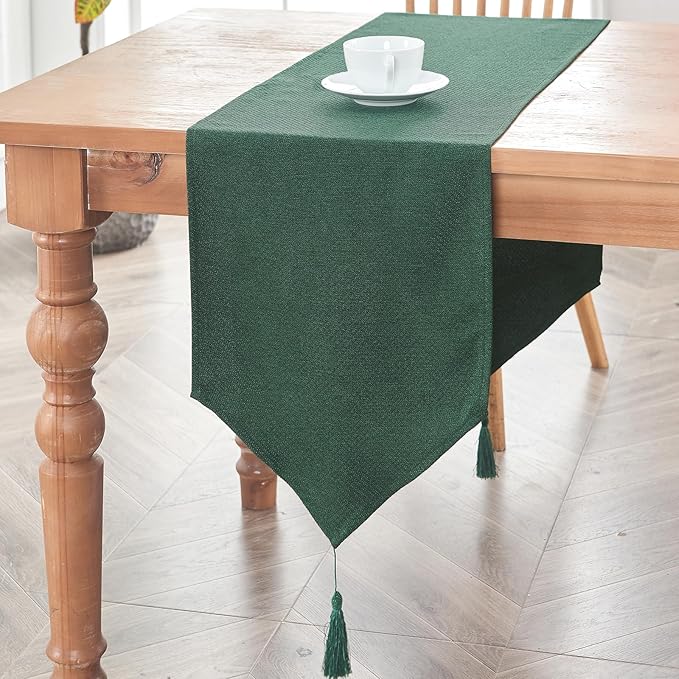 BALCONY & FALCON Table Runner with Tassels Rustic Farmhouse Jacquard Linen Style Water Resistant Washable Runner for Dining Kitchen Party Christmas Everyday Use 14 x 95 inch, Dark Green