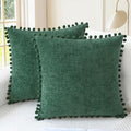 CaliTime Christmas Throw Pillow Covers Decorative 22 X 22 Inches Pack of 2 Cozy Solid Dyed Soft Chenille Cushion Cases with Pom Poms for Couch Sofa Bed Living Room Home Dark Green