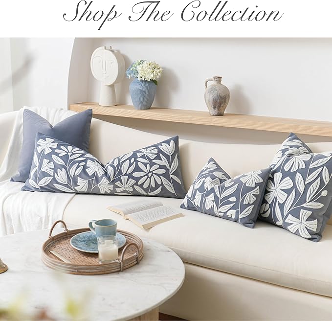 BlissBlush Blue Velvet Decorative Lumbar Pillow Cover 14x36, Soft Long Body Pillow for Bed, Accent Lumbar Throw Pillow for Bedroom, Modern Farmhouse Textured Pillowcase